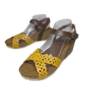 Wanda Panda W's Cork WedgeSandalsYellowFlower‎ Cutout Brown Ankle Strap Sz 41